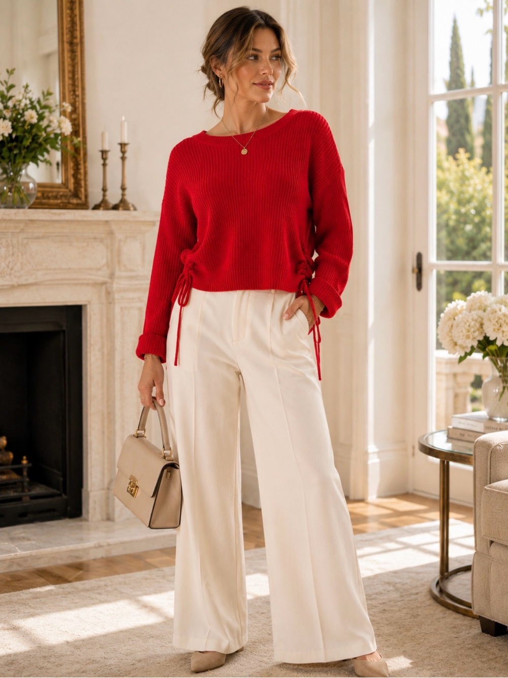 Chelsea & Violet Red Rib Knit Side Tie Cropped Sweater XL